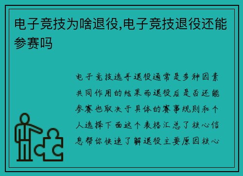 电子竞技为啥退役,电子竞技退役还能参赛吗